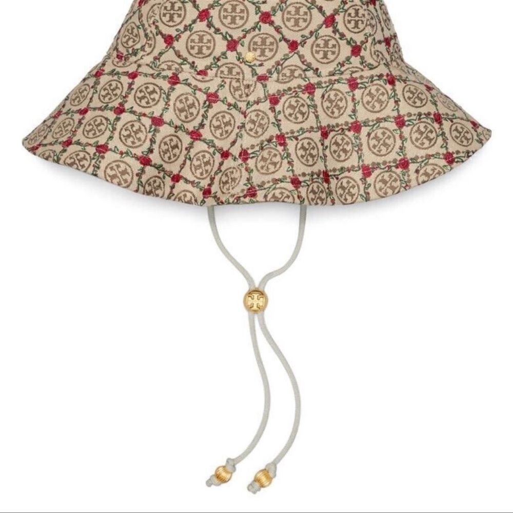Tory Burch OS Beige Tan Red Monogram Embroidered Climbing Rose Bucket Hat - Picture 3 of 11